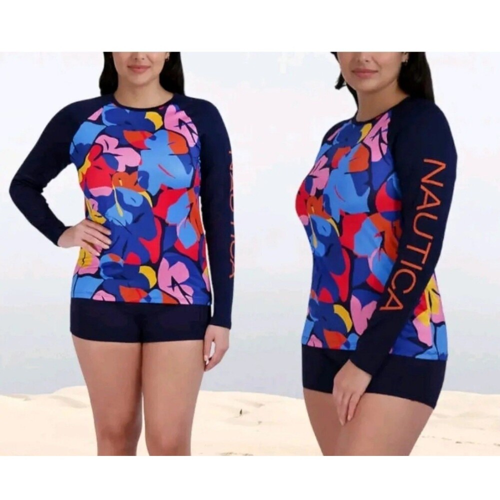 NAUTICA Long Sleeve Rashguard Sun Top UPF Navy Into the Jungle Women's Size M - Picture 2 of 4